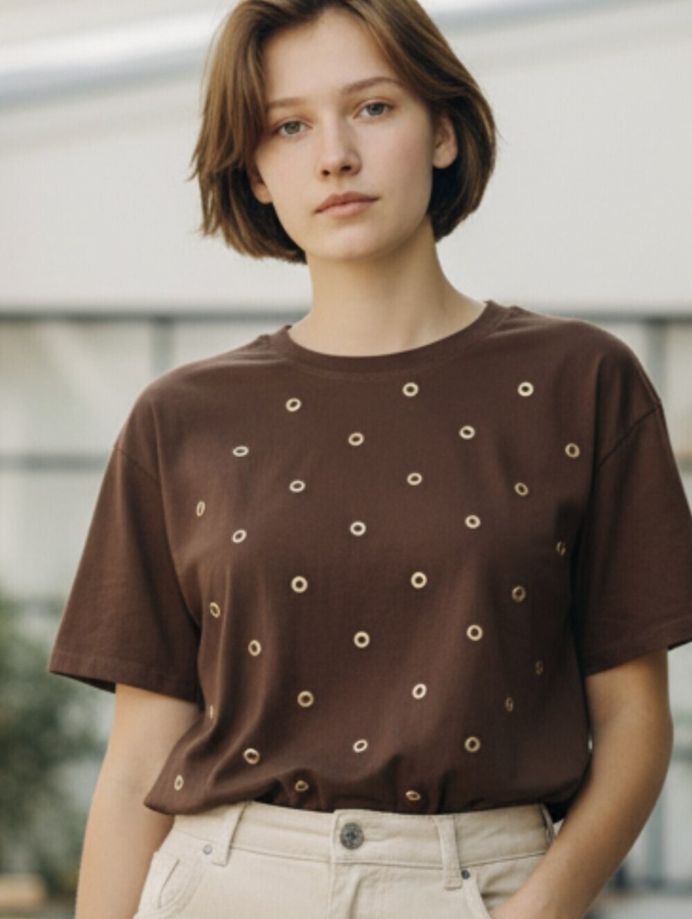 NWT, INC Women’s Brown Short-Sleeve Eyelet Detail Tee. Size XS,100% Cotton